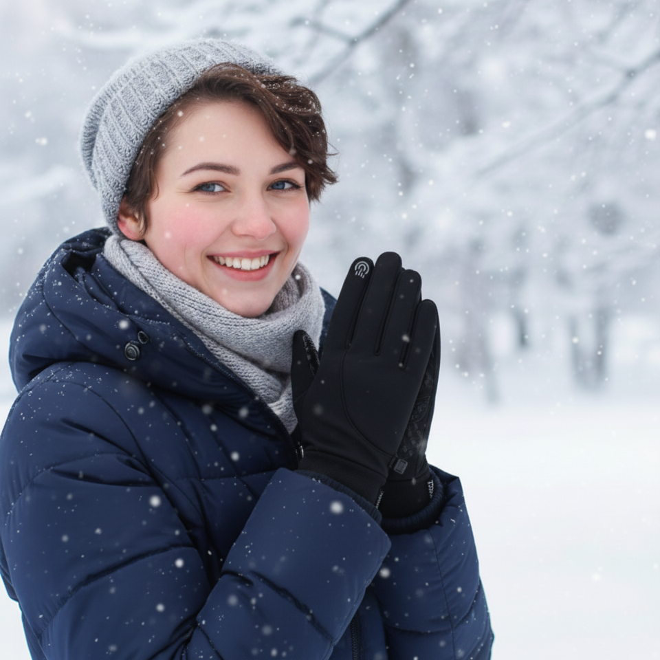 Woman Smiling, Standing In Snow, With Black Gloves On