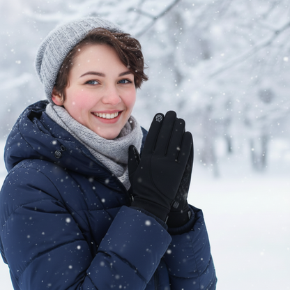 Woman Smiling, Standing In Snow, With Black Gloves On